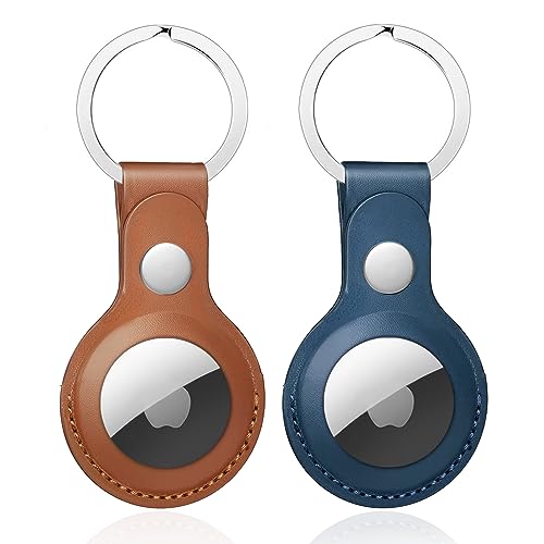 Nepfaivy Porte-clés en cuir PU pour AirTag, marron et bleu, lot de 2