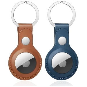 Porte Clé Cuir Compatible avec Airtag Anti-Rayures Marron et Bleu (lot de 2)