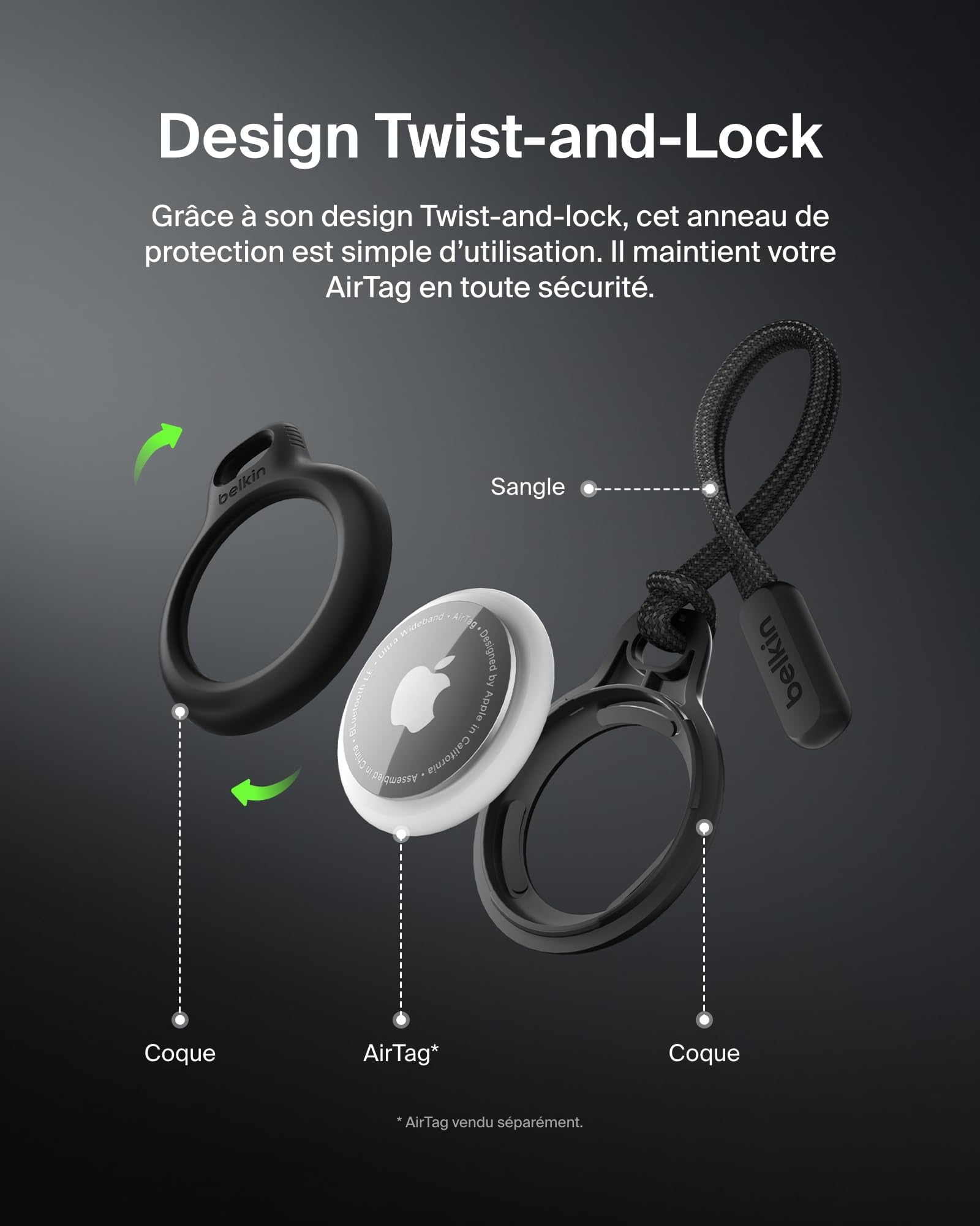 Anneau de protection AirTag avec cordon d'attache Belkin noir – Image 4