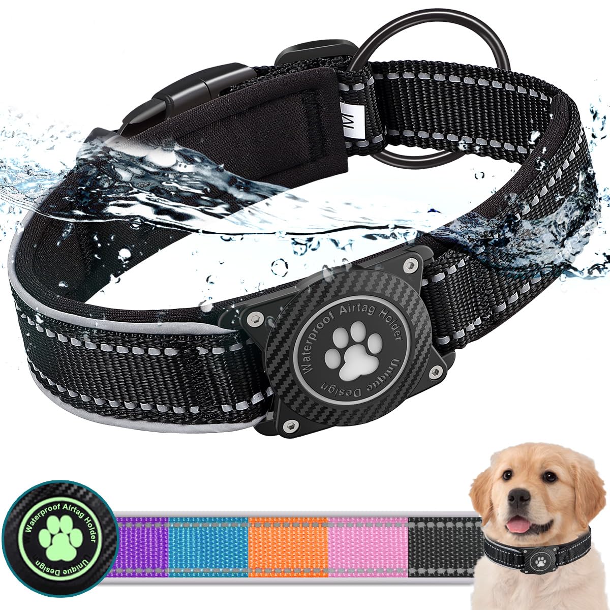 Collier chien étanche IPX8 avec AirTag intégré noir