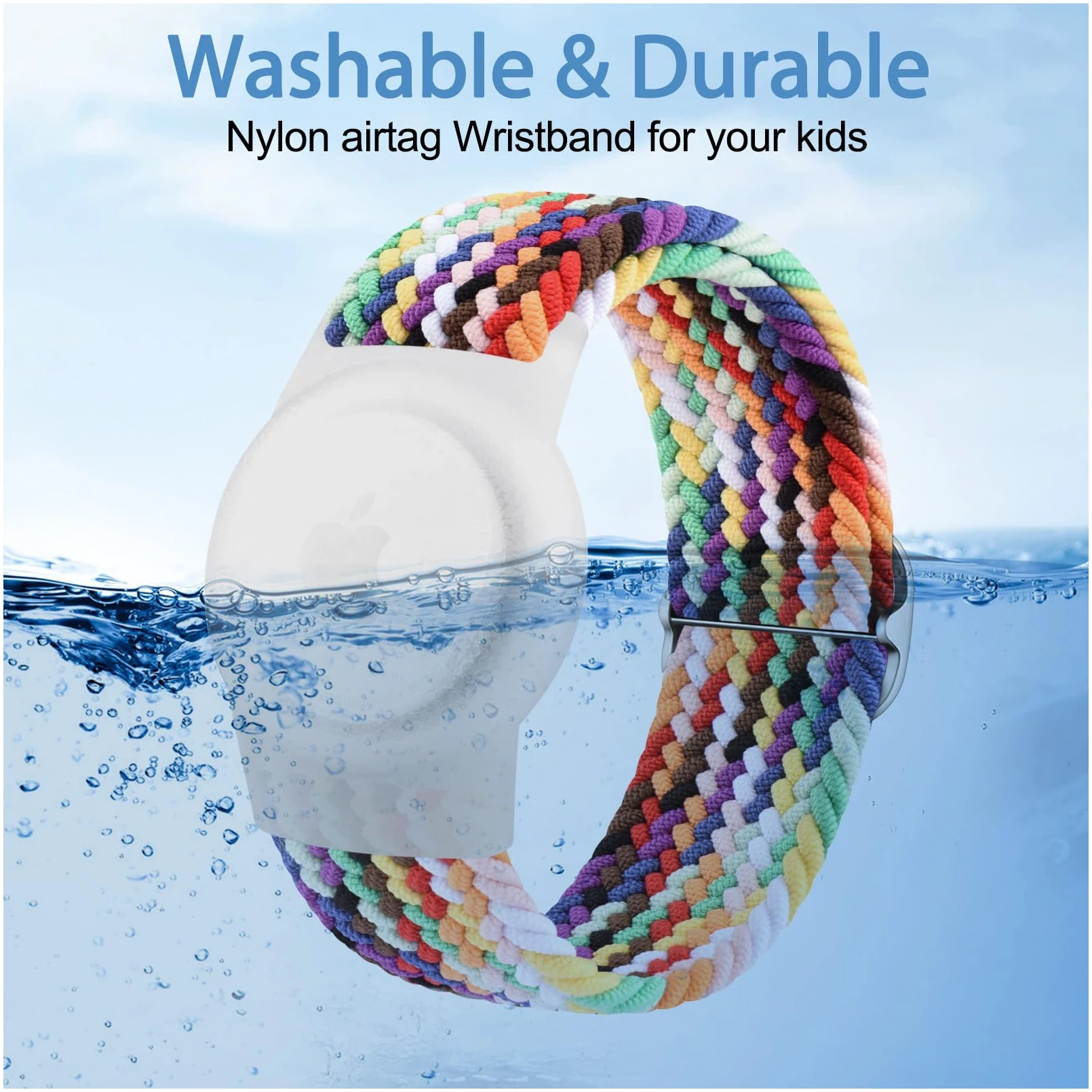 Bracelet AirTag Enfant élastique Nylon Tressé Arc-en-Ciel – Image 4