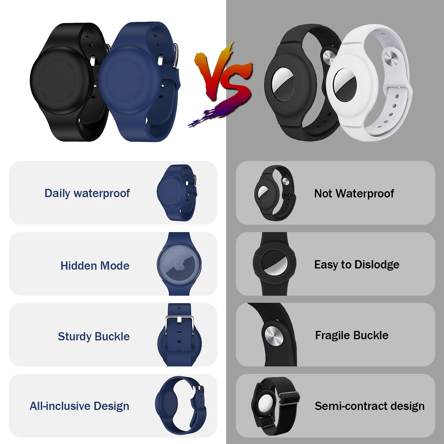 Lot de 2 Bracelets étanches pour Enfants AirTag Silicone Souple Bleu Nuit/Noir – Image 2