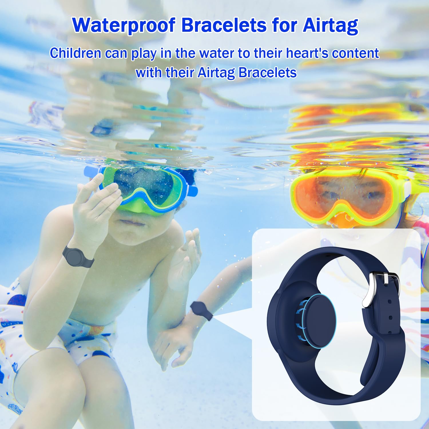 Lot de 2 Bracelets étanches pour Enfants AirTag Silicone Souple Bleu Nuit/Noir – Image 3