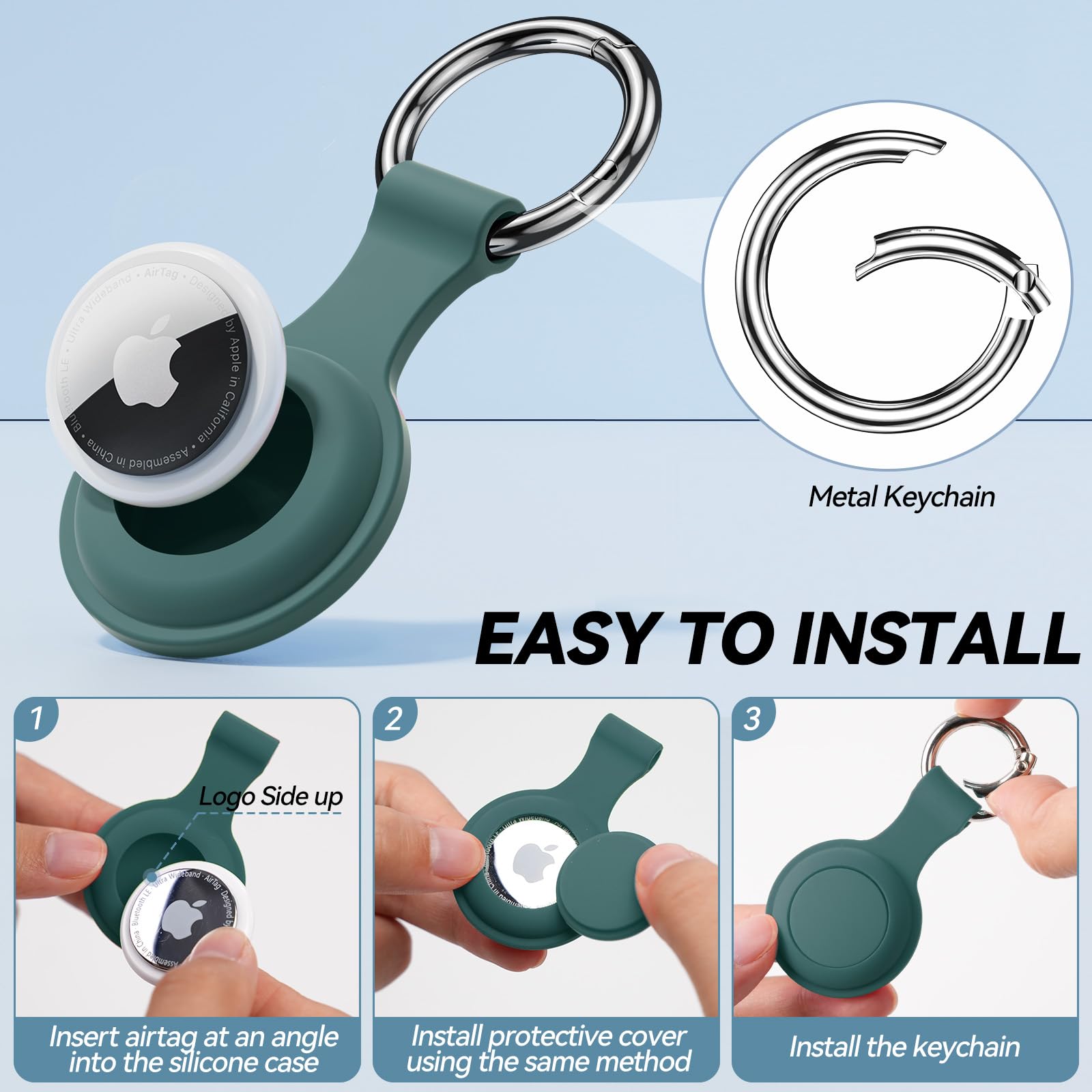 Porte clé AirTag étanche IPX8, lot de 4 étuis silicone (rose, vert, bleu marine, noir) – Image 5