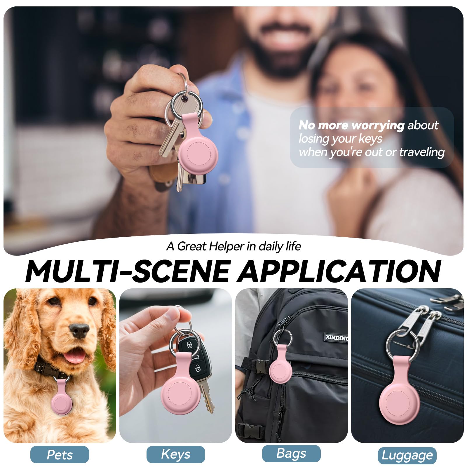 Porte clé AirTag étanche IPX8, lot de 4 étuis silicone (rose, vert, bleu marine, noir) – Image 6