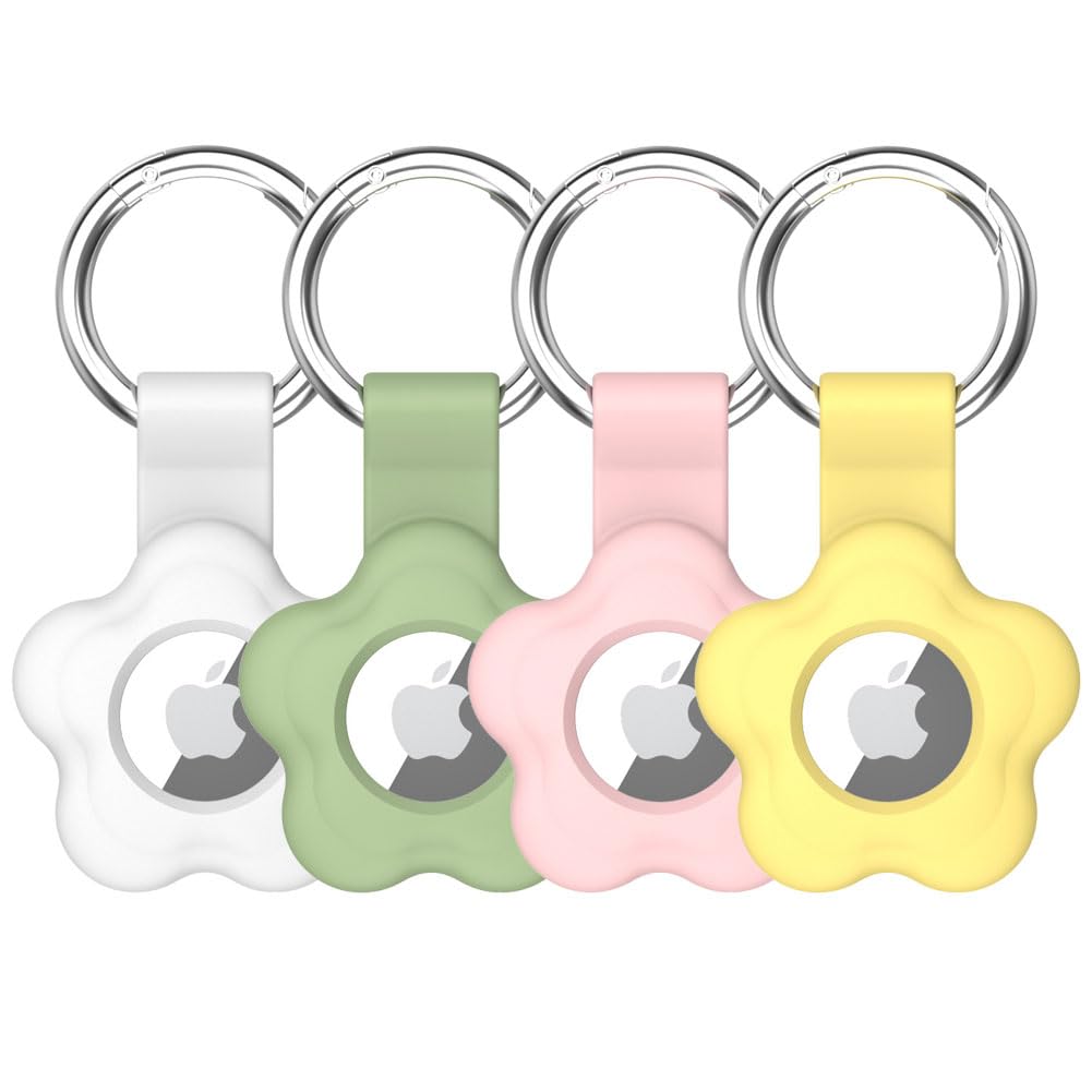 Lot de 4 étuis de protection en fleur silicone pour AirTag avec porte-clés