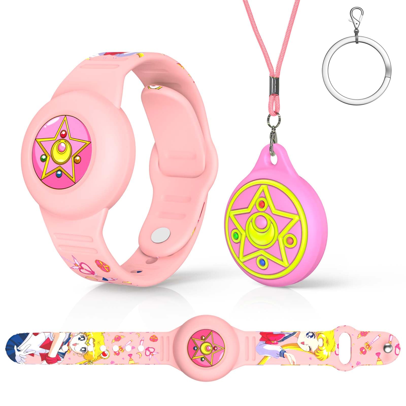 Bracelet étanche et pendentif coque protection pour AirTag enfant silicone réglable rose