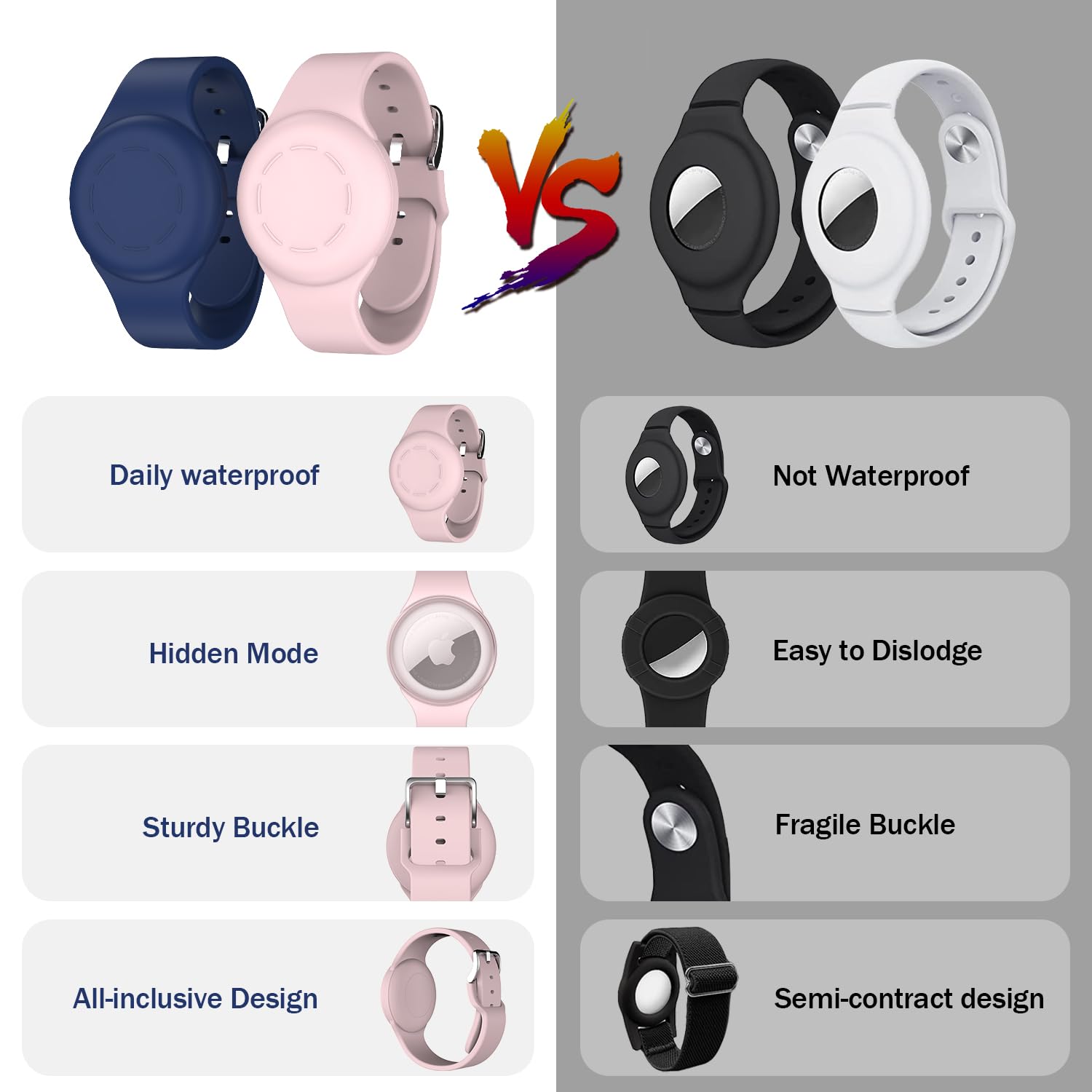 Lot de 2 Bracelets étanches AirTag pour Enfants en Silicone Souple, Bleu Nuit/Rose – Image 2