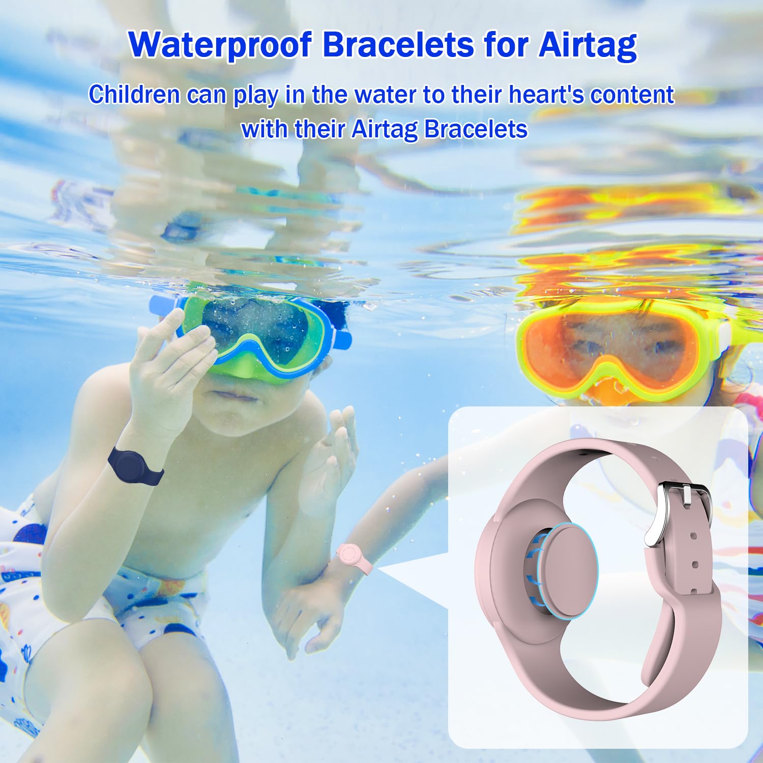 Lot de 2 Bracelets étanches AirTag pour Enfants en Silicone Souple, Bleu Nuit/Rose – Image 3