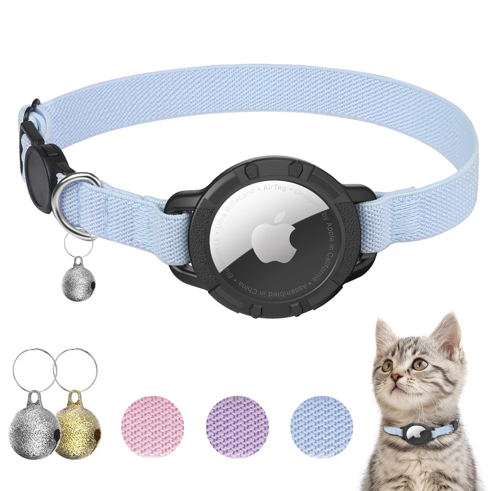 Collier AirTag pour chat extensible avec protecteur et cloche, bleu