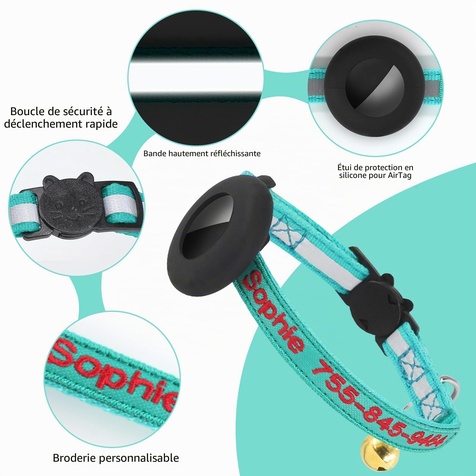Collier pour chat AirTag personnalisé nylon brodé avec étui étanche et cloche – Image 2