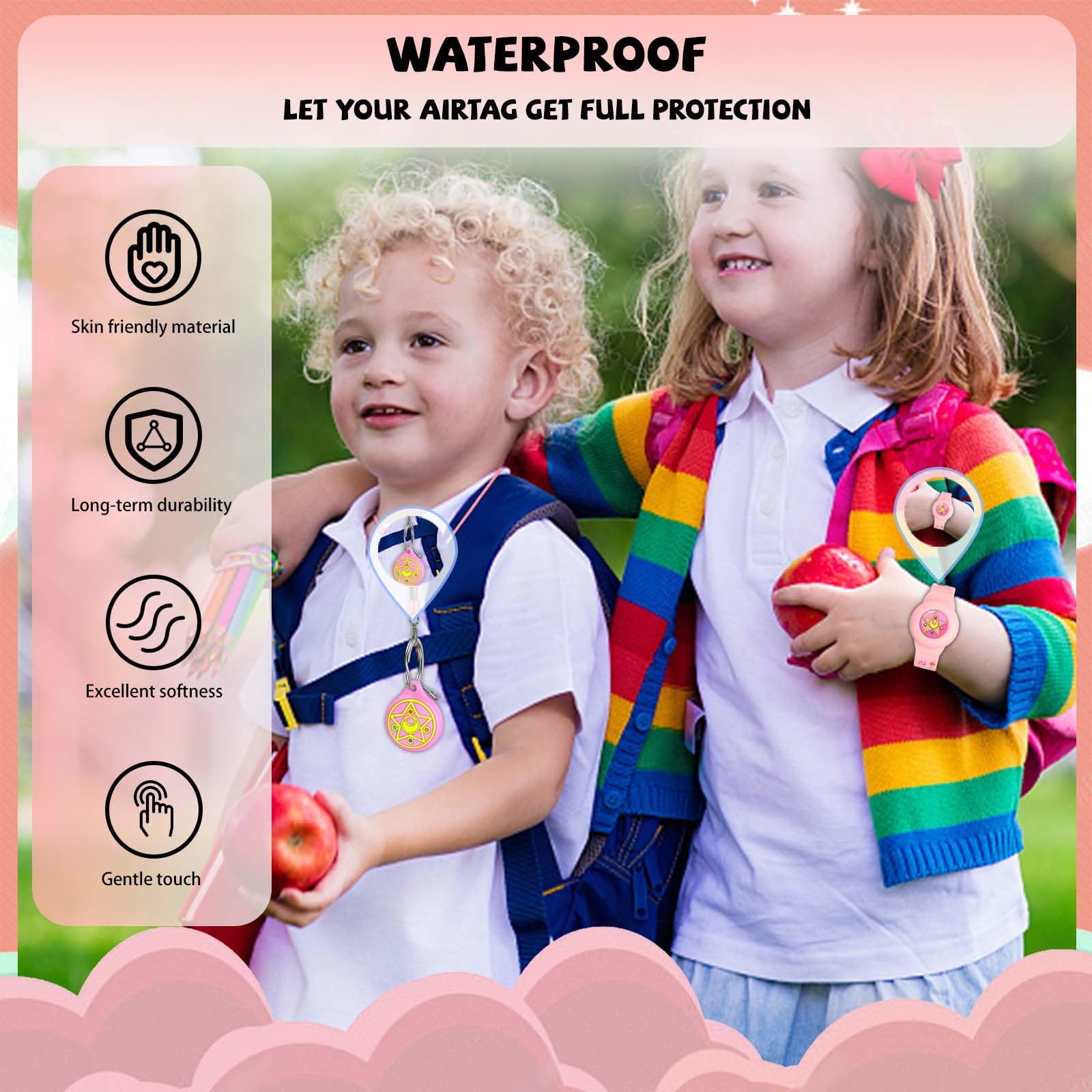 Bracelet étanche et pendentif coque protection pour AirTag enfant silicone réglable rose – Image 2