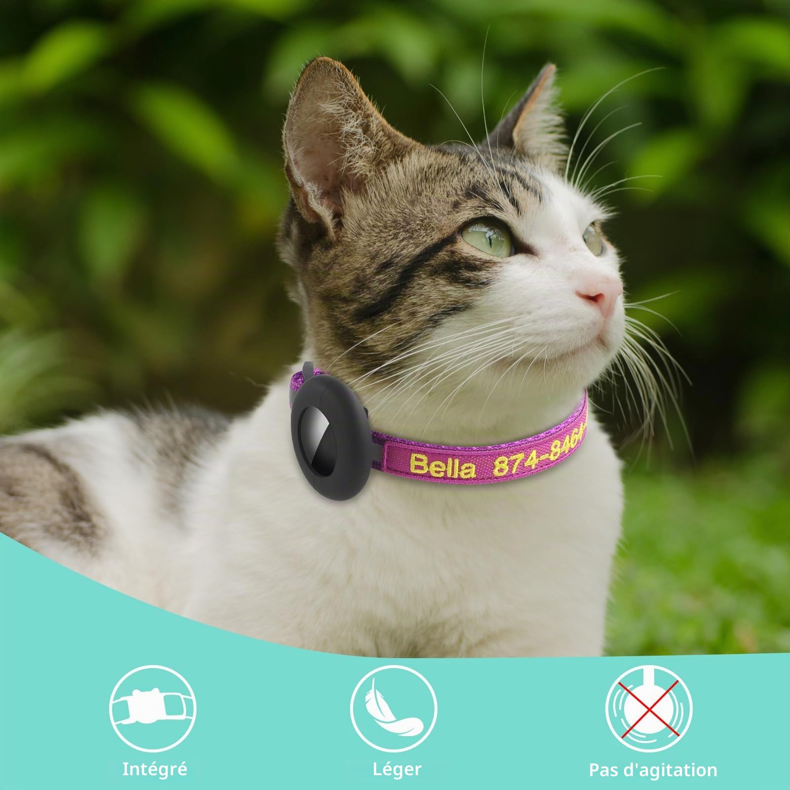 Collier pour chat AirTag personnalisé nylon brodé avec étui étanche et cloche – Image 5