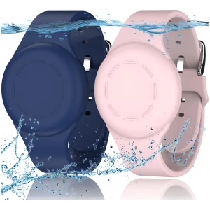 Lot de 2 Bracelets étanches AirTag pour Enfants en Silicone Souple, Bleu Nuit/Rose