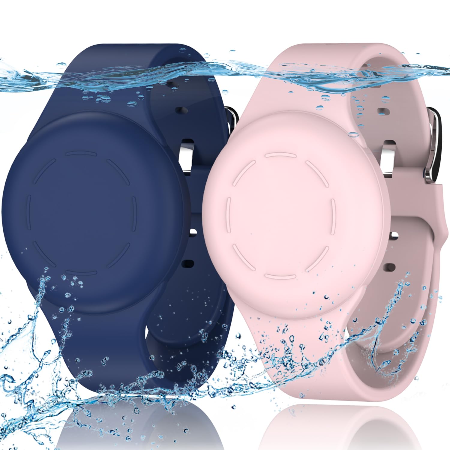 Lot de 2 Bracelets étanches AirTag pour Enfants en Silicone Souple, Bleu Nuit/Rose