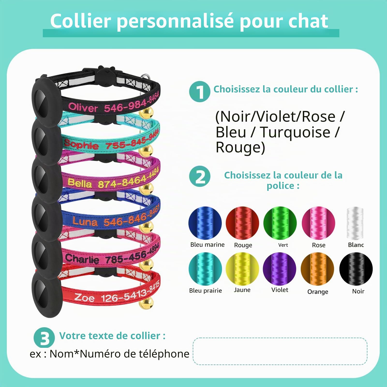 Collier pour chat AirTag personnalisé nylon brodé avec étui étanche et cloche – Image 7