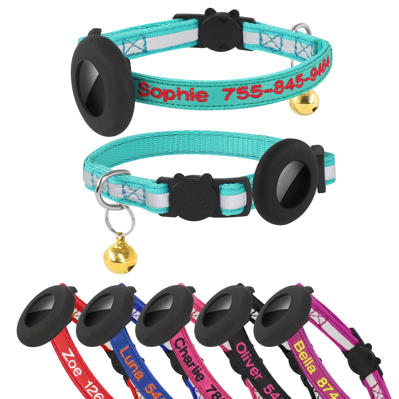 Collier pour chat AirTag personnalisé nylon brodé avec étui étanche et cloche