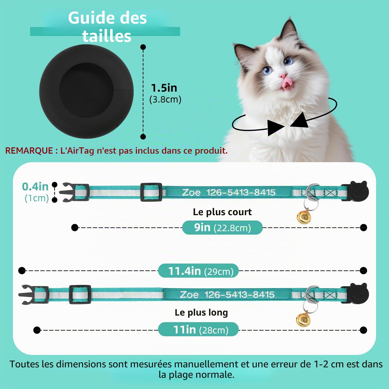 Collier pour chat AirTag personnalisé nylon brodé avec étui étanche et cloche – Image 3