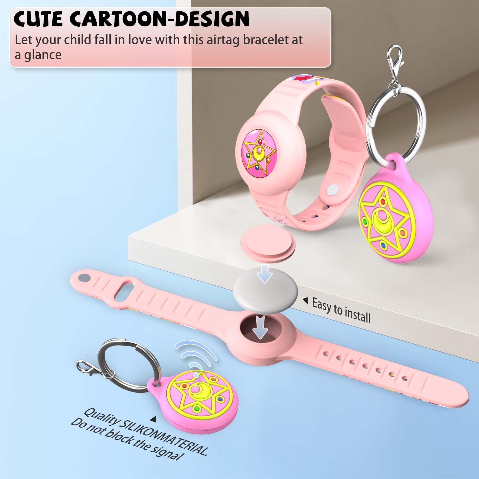 Bracelet étanche et pendentif coque protection pour AirTag enfant silicone réglable rose – Image 3