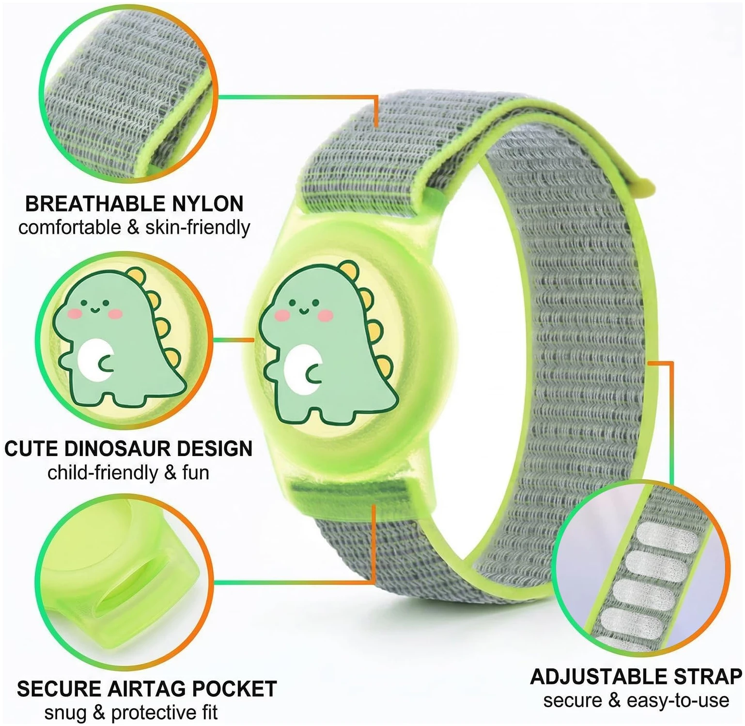 Bracelet AirTag Enfant Motif Dinosaure, Coque Silicone avec Bracelet Nylon Réglable – Image 6